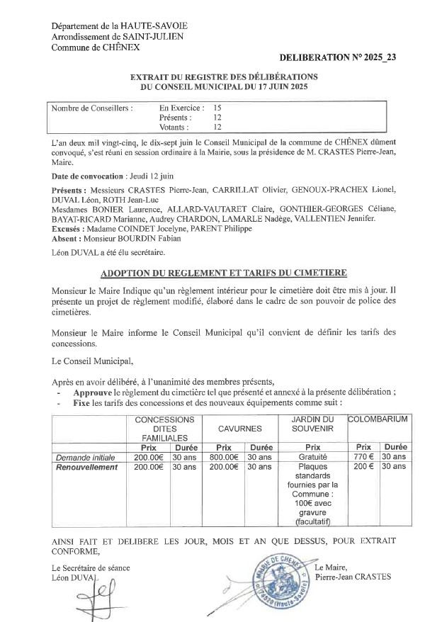 DELIB TARIFS CIMETIERE